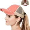 H06514b9fa06a4e2c8bef9ba58b40976f4.webp Distressed Ponytail Mesh Trucker Cap