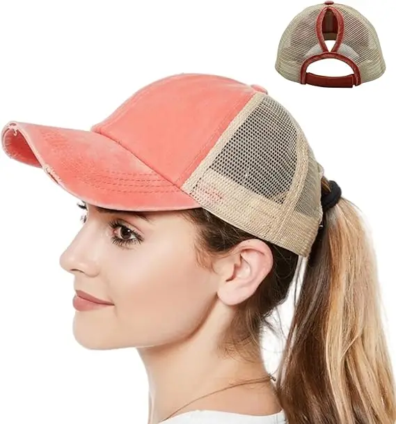 H06514b9fa06a4e2c8bef9ba58b40976f4.webp Distressed Ponytail Mesh Trucker Cap