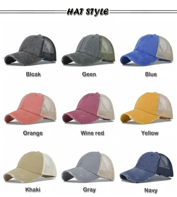 H0a689c173b724baf8cb50d7497b22c73u.webp Distressed Ponytail Mesh Trucker Cap