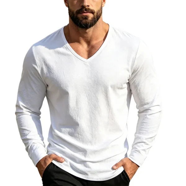 Men's Linen-Blend V-Neck Long Sleeve Top