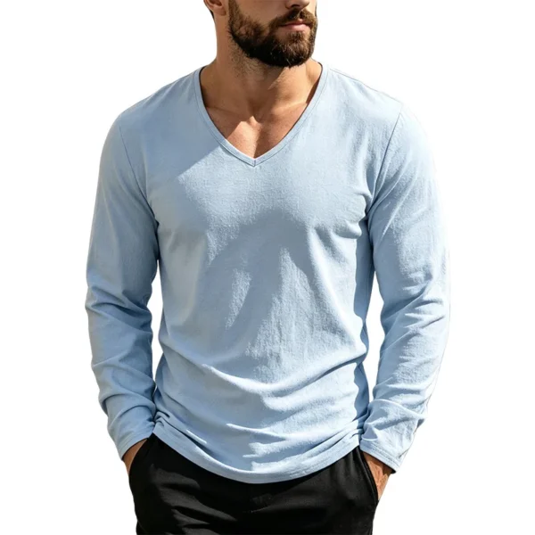 Men's Linen-Blend V-Neck Long Sleeve Top