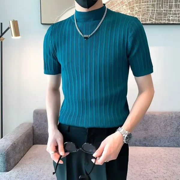 H9d87a270904448f5b432d23aeadf29c2v.webp Men's Ribbed Mock-Neck Knit T-Shirt