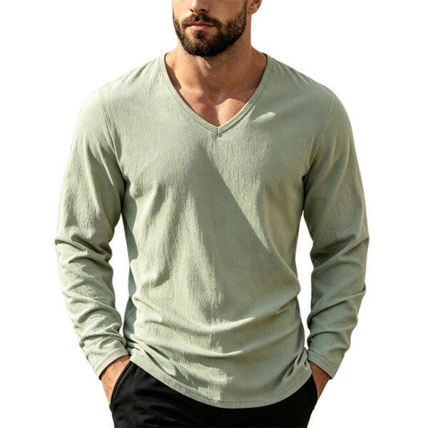 Men's Linen-Blend V-Neck Long Sleeve Top