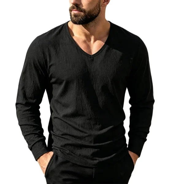 Men's Linen-Blend V-Neck Long Sleeve Top